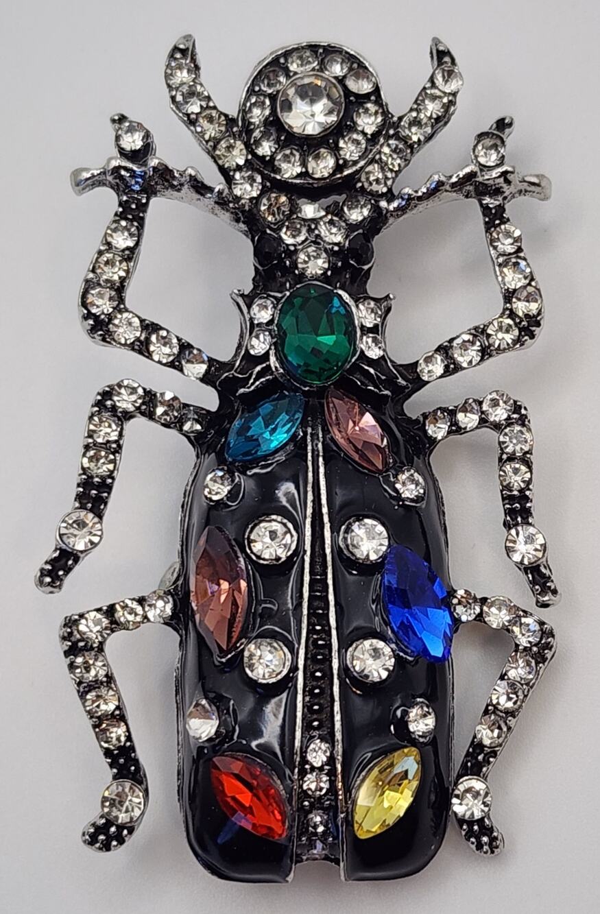Large Black Beetle Brooch Adorned with Multi Color Faux Jewels & Rhinestones